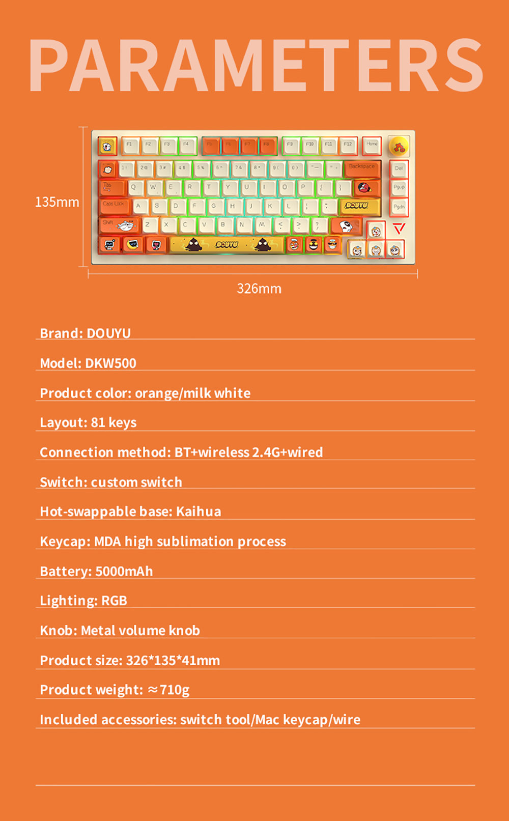 Ajazz Douyu DKW500 75% 81keys Wireless Triple Modes Gasket Hot Swappable RGB Mechanical Keyboard Knob Control - Orange