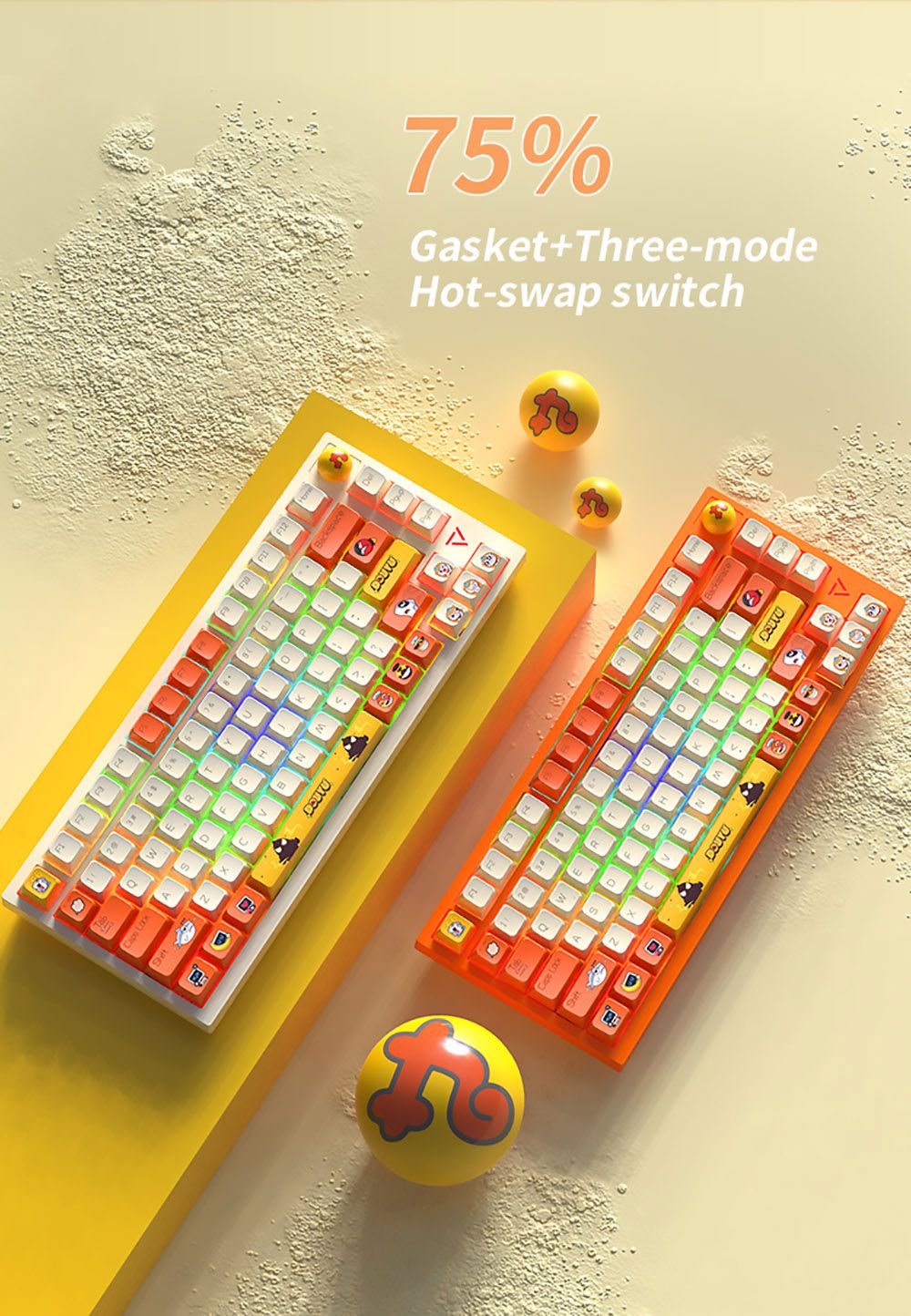 Ajazz Douyu DKW500 75% 81keys Wireless Triple Modes Gasket Hot Swapable RGB Mechanical Keyboard Knob Control - Creamy White