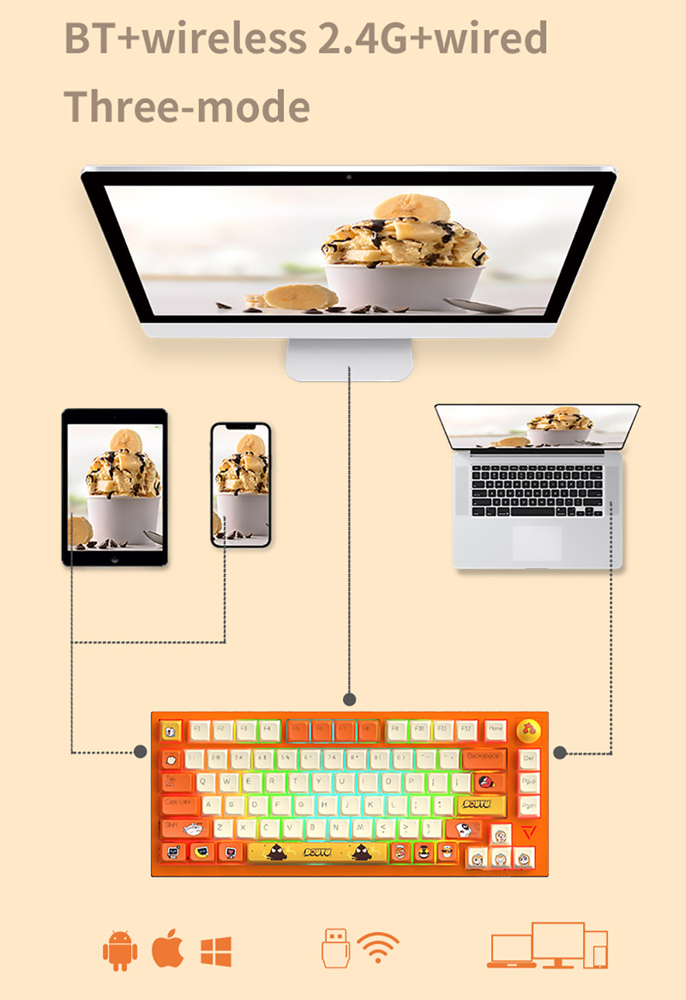 Ajazz Douyu DKW500 75% 81keys Wireless Triple Modes Gasket Hot Swapable RGB Mechanical Keyboard Knob Control - Creamy White