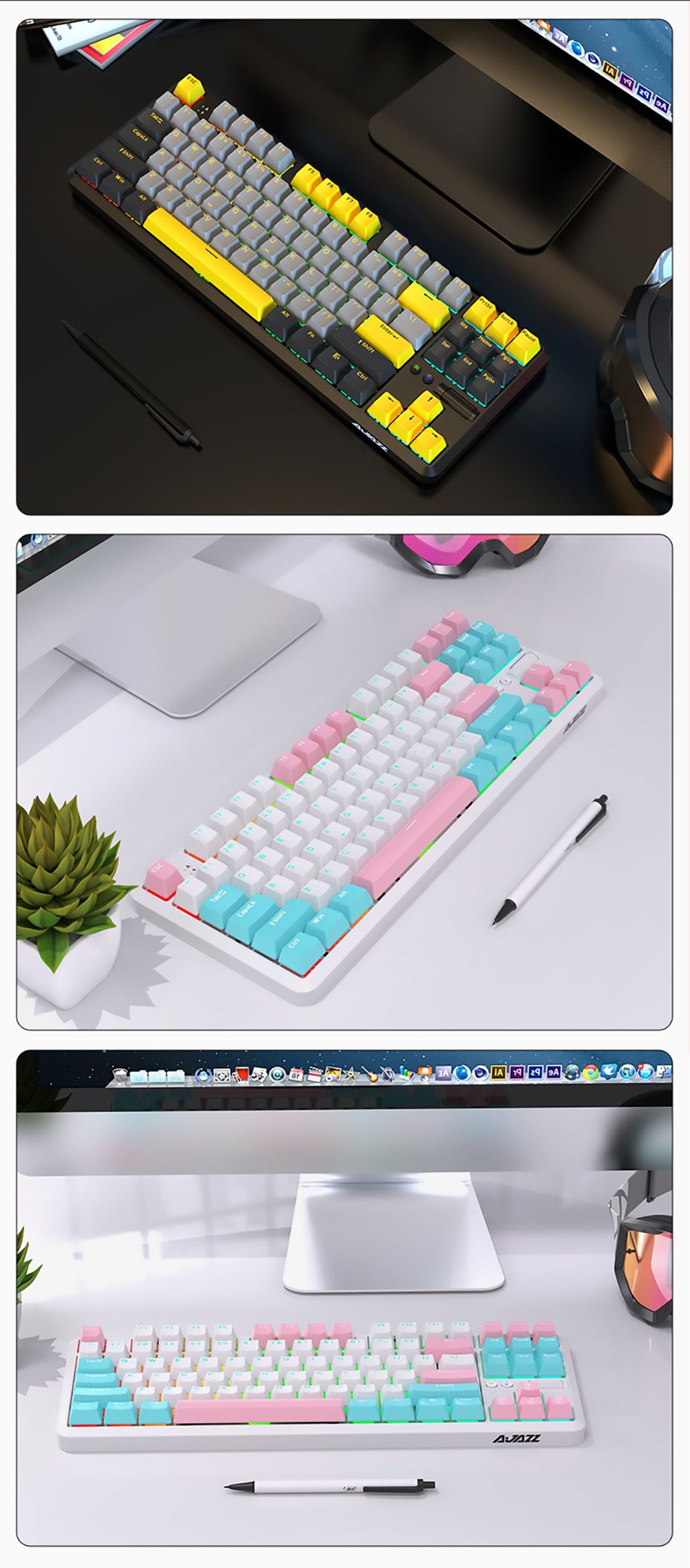 Ajazz K870T Pro 87 Keys Triple Modes Mechanical Keyboard RGB Backlit Brown Switch for Win/MacOS/iOS/Andriod -Summer Time