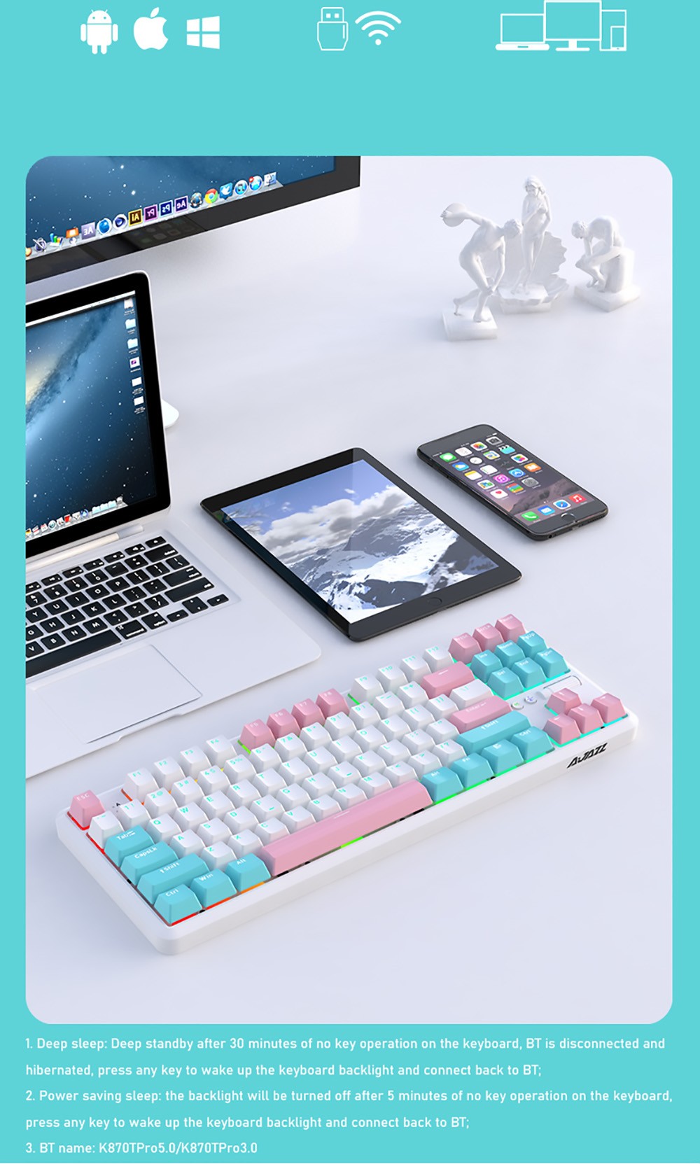 Ajazz K870T Pro 87 Keys Triple Modes Mechanical Keyboard RGB Backlit Brown Switch for Win/MacOS/iOS/Andriod -Summer Time