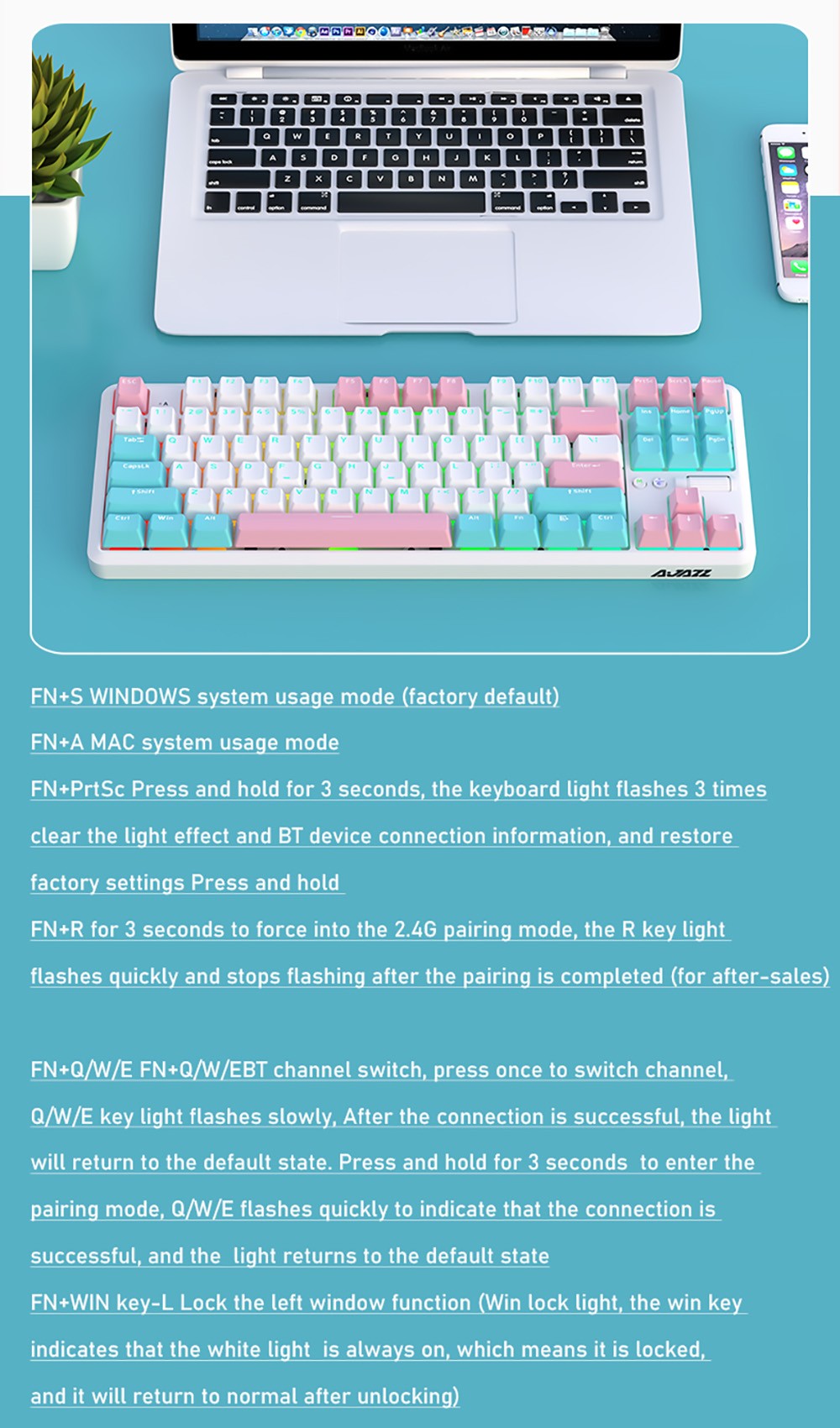 Ajazz K870T Pro 87 Keys Triple Modes Mechanical Keyboard RGB Backlit Brown Switch for Win/MacOS/iOS/Andriod -Summer Time