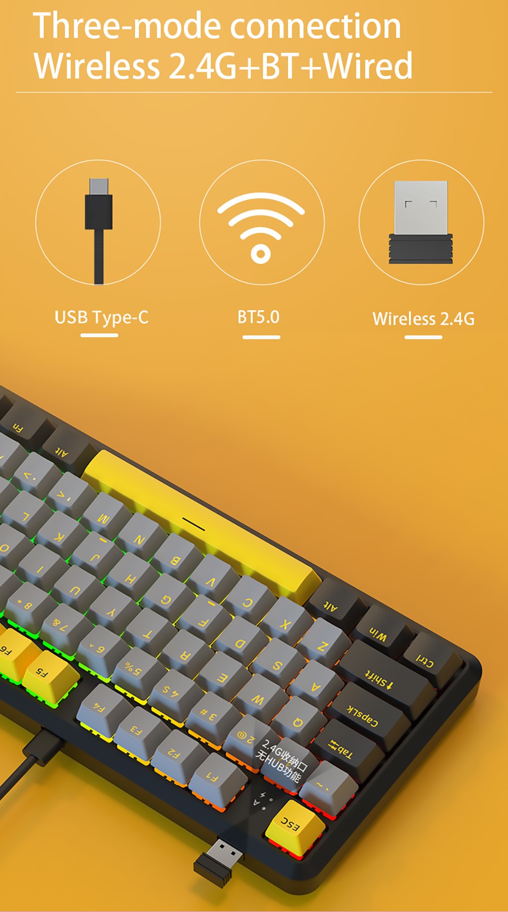 Ajazz K870T Pro 87 Keys Triple Modes Mechanical Keyboard RGB Backlit Brown Switch for Win/MacOS/iOS/Andriod -Summer Time