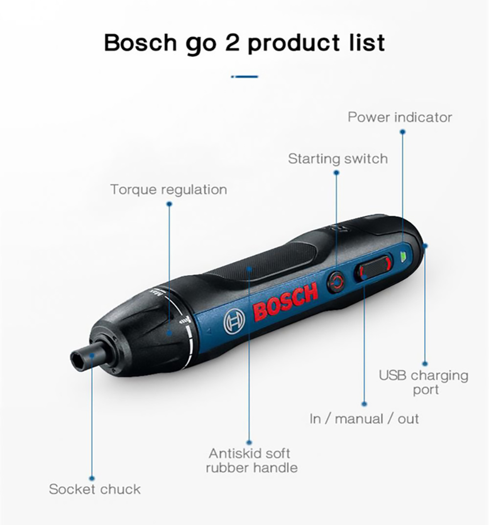 BOSCH GO2 Electric Screwdriver 3.6V 1.5Ah Cordless Rechargeable Hand Drill Power Tools, 0.2-5Nm 6-Speed Torque Adjustment, Smart Stop, Electronic Brake