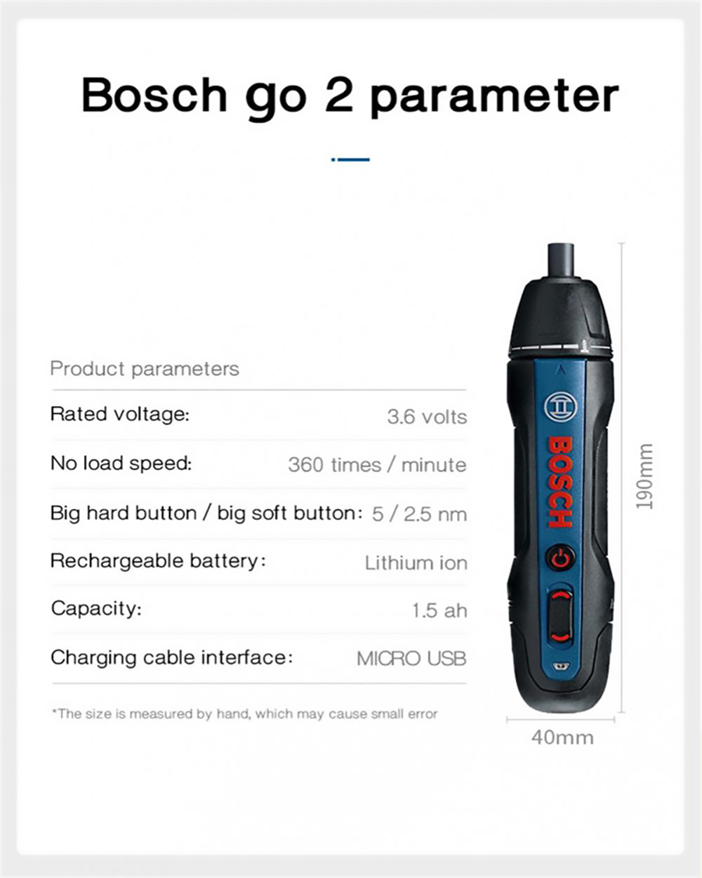 BOSCH GO2 Electric Screwdriver 3.6V 1.5Ah Cordless Rechargeable Hand Drill Power Tools, 0.2-5Nm 6-Speed Torque Adjustment, Smart Stop, Electronic Brake