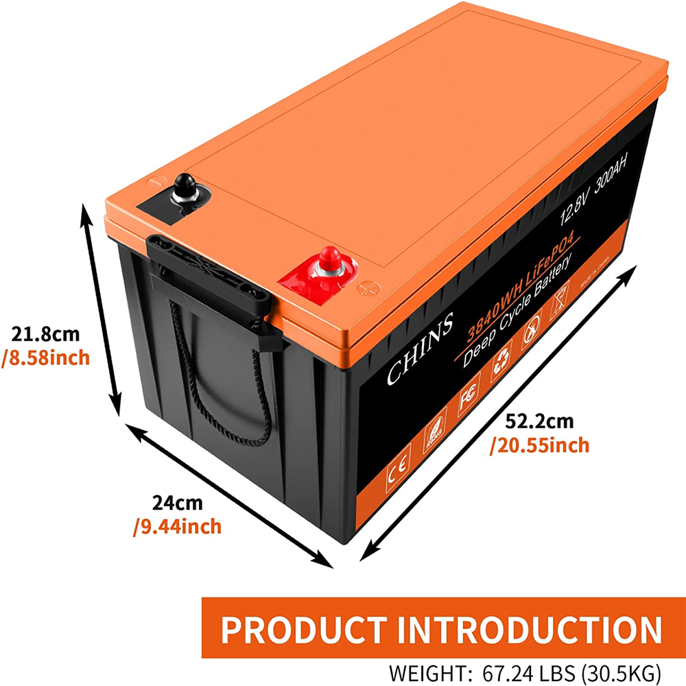 CHINS 12V 300Ah LiFePO4 Lithium Battery, Built-in 200A BMS, 3840Wh Power Capacity for RV Caravan Solar Off-Grid