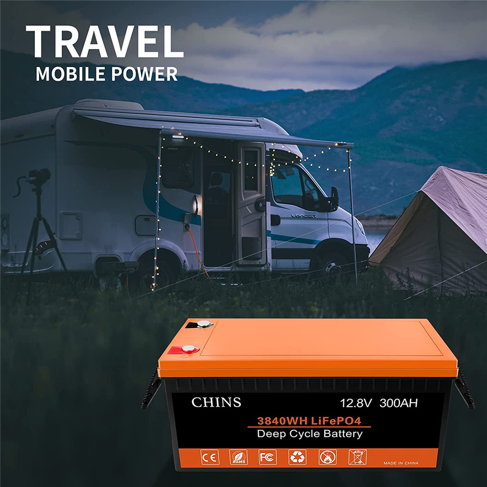 CHINS 12V 300Ah LiFePO4 Lithium Battery, Built-in 200A BMS, 3840Wh Power Capacity for RV Caravan Solar Off-Grid