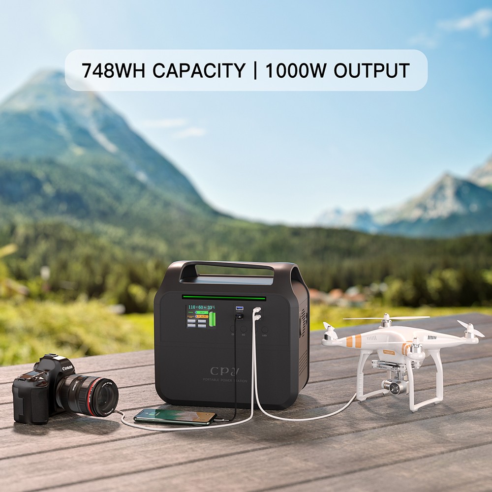 CPY 1000W Portable Power Station 748Wh Battery, 6 Outputs, Charge to 80% in 1 Hour, Detachable Function, LCD Display