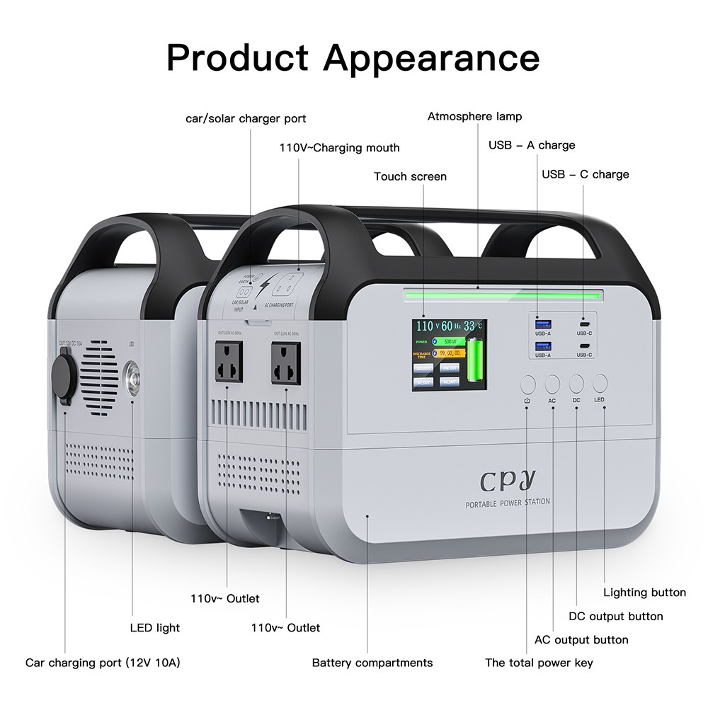 CPY 800 Mini Portable Power Station 288Wh Battery 1600W Peak Power, 6 Outputs, Charge to 80% in 1 Hour, Detachable Function