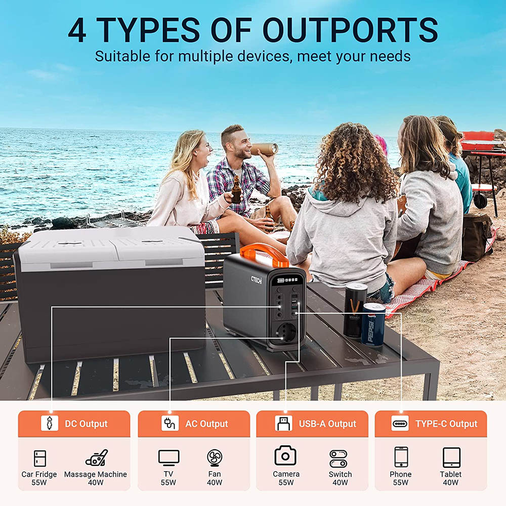 CTECHi GT200 Pro 200W Portable Power Station, 320Wh LiFePO4 Battery Solar Generator, 60W PD Fast Charging, LED Light