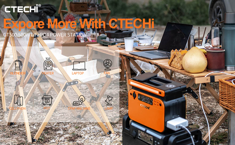 CTECHi GT500 500W Portable Power Station, 518Wh LiFePO4 Battery, Dual 10W Wireless Charging, 60W PD Fast Charging, LCD Display