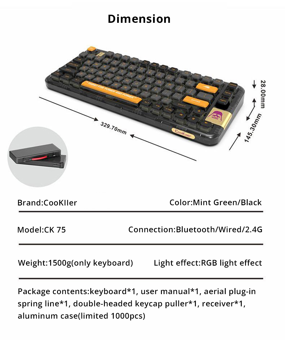 CoolKiller CK75 75% 80Keys Gasket Mount Hot Swap Tripe Mode Wireless Mechanical Keyboard RGB Backlight - Mint Green