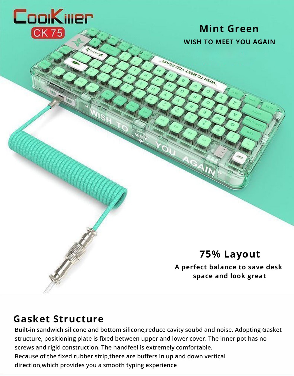 CoolKiller CK75 75% 80Keys Gasket Mount Hot Swap Tripe Mode Wireless Mechanical Keyboard RGB Backlight - Mint Green