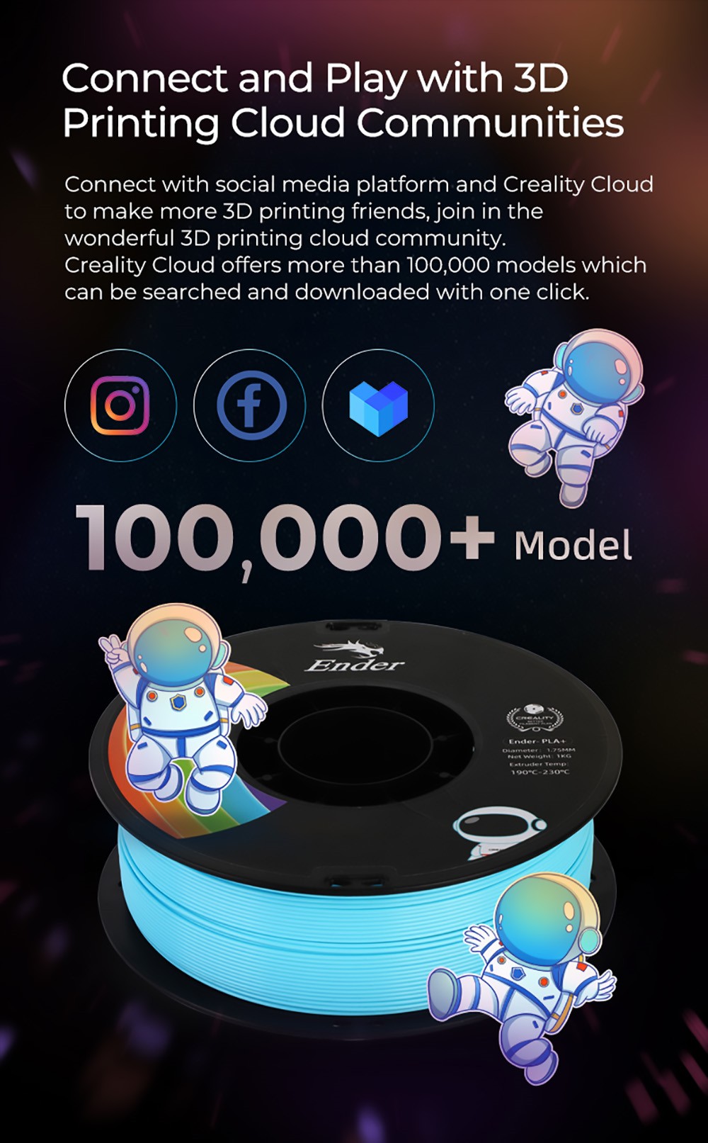 Creality Ender-PLA+ 1.75mm 3D Printing Filament, 40-100mm/s Printing Speed, 1kg - White