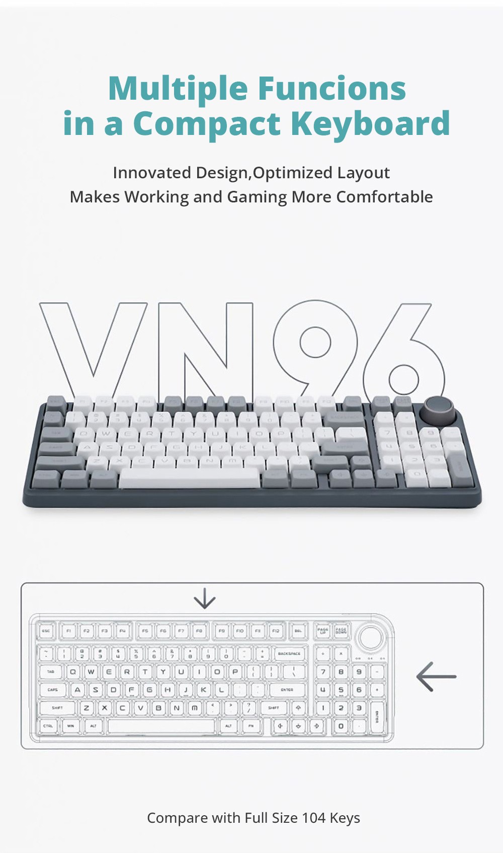 DUKHARO VN96 96% 96 key RGB Mechanical keyboard Gasket Mount with knob control Gateron Yellow - White