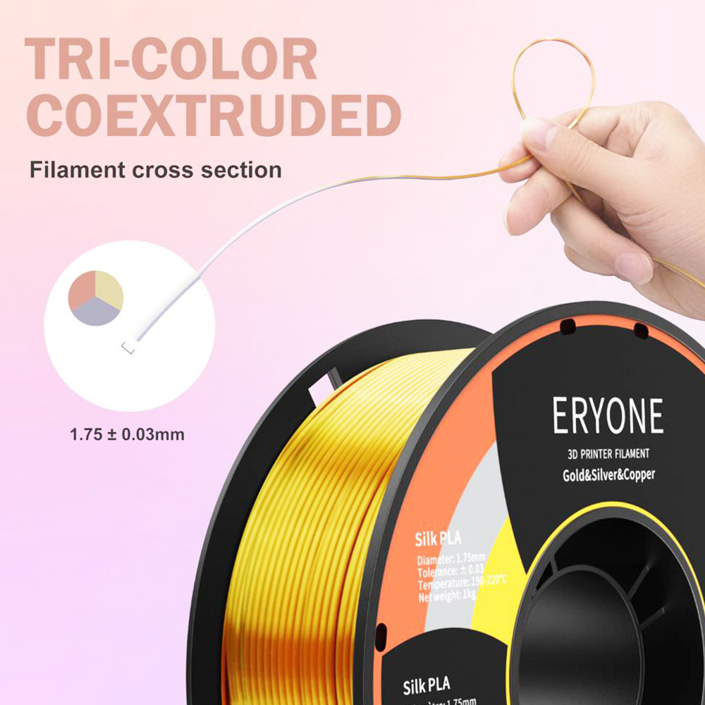 ERYONE Triple-Color Silk PLA Filament pre 3D tlačiarne, 1,75 mm presnosť +/- 0,03 mm, 1 kg (2.2LBS)/Spool - zlatá + strieborná + medená