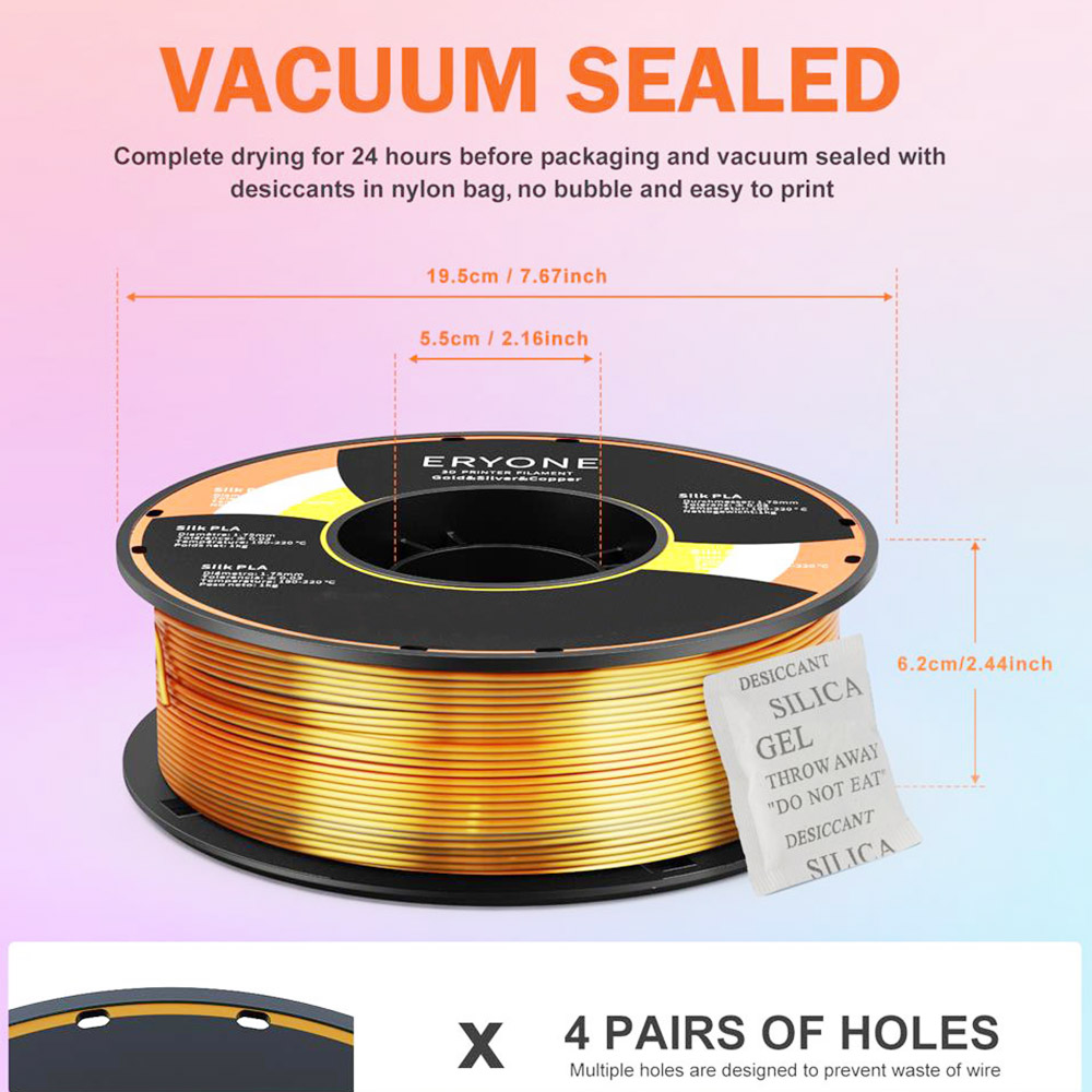 Trojfarebný hodvábny PLA filament ERYONE pre 3D tlačiarne, 1,75 mm presnosť +/- 0,03 mm, 1 kg (2,2 LBS)/Spool - zlatý + strieborný + medený