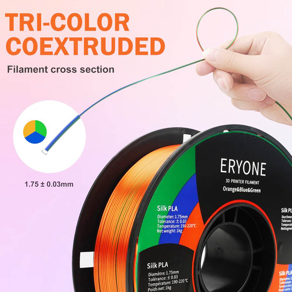 ERYONE Triple-Color Silk PLA Filament pre 3D tlačiarne, 1,75 mm presnosť +/- 0,03 mm, 1 kg (2.2LBS)/Spool - oranžová + modrá + zelená