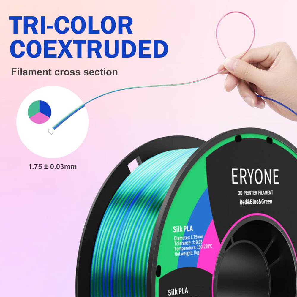 ERYONE Triple-Color Silk PLA Filament pre 3D tlačiarne, 1,75 mm presnosť +/- 0,03 mm, 1 kg (2.2LBS)/Spool - červená + modrá + zelená