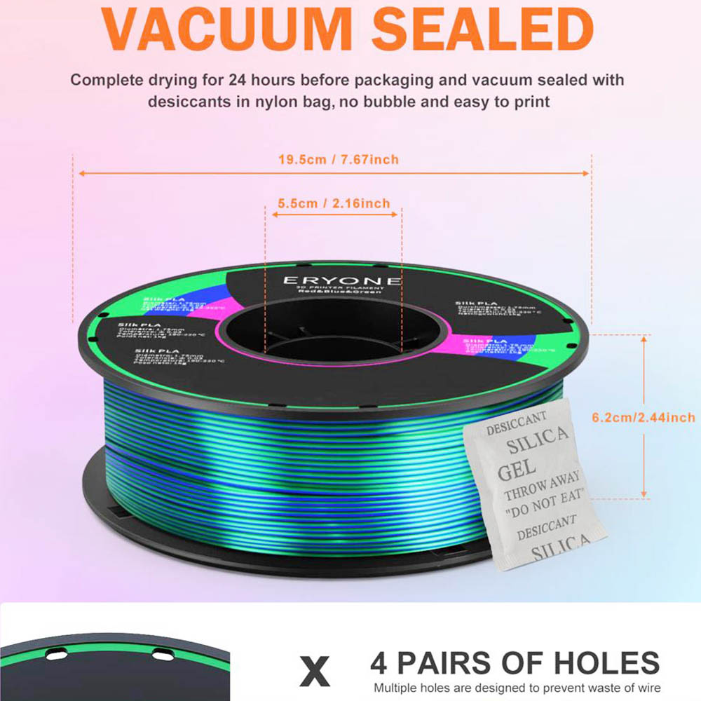 Trojfarebný hodvábny PLA filament ERYONE pre 3D tlačiarne, presnosť 1,75 mm +/- 0,03 mm, 1 kg (2,2 LBS)/bazén - červený + modrý + zelený