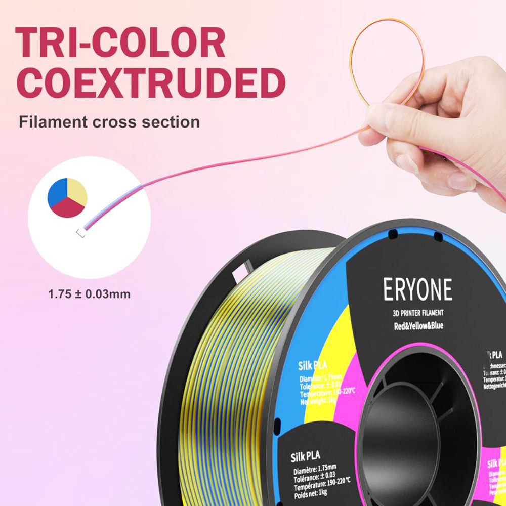 ERYONE Triple-Color Silk PLA Filament Red+Yellow+Blue