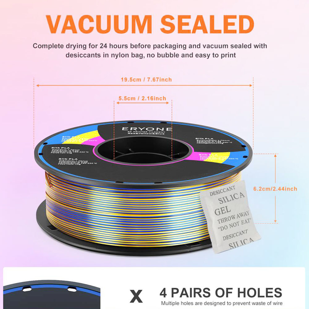 Trojfarebný hodvábny PLA filament ERYONE pre 3D tlačiarne, presnosť 1,75 mm +/- 0,03 mm, 1 kg (2,2 LBS)/bazén - červený + žltý + modrý