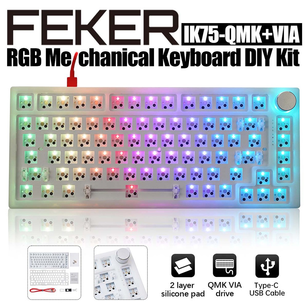 FEKER IK75 PRO QMK/VIA Kit 75% 82 Keys Gasket Hot Swappable Wired Mechanical Keyboard DIY Kit - White