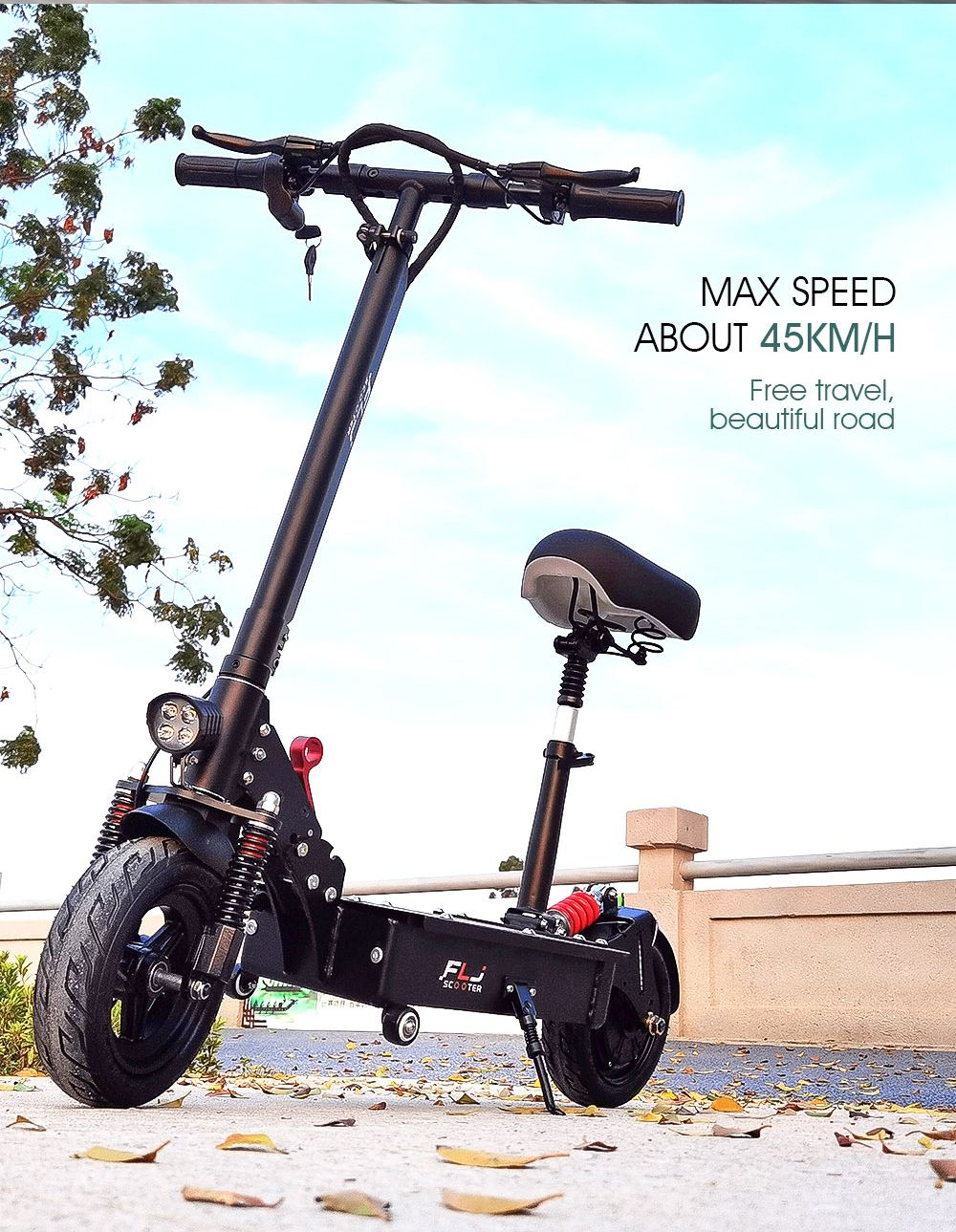 FLJ SK1 1200W Motor Electric Scooter Foldable 10'' Tire 35Ah Battery for 90-120km Range 45km/h Max Speed with Seat