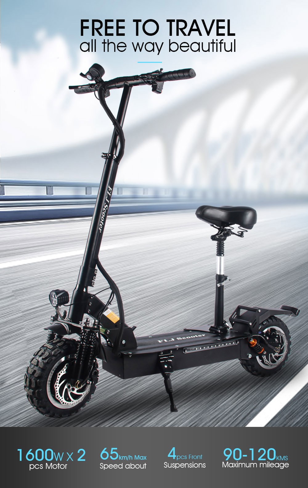 FLJ T113 11inch 2*1600W Dual Motors Electric Scooter with 60V 35Ah Battery Big Power - Without Seat