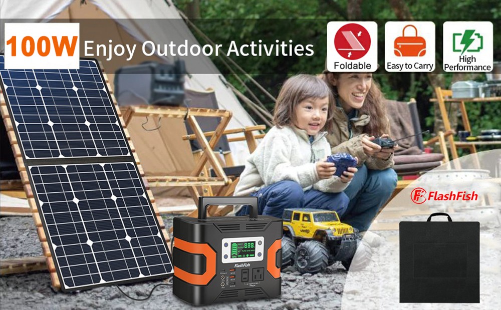 Flashfish UA1100 1200W 1100Wh 200-240V Power Station + SP 18V 100W Foldable Solar Panel Emergency Power Supply Kit