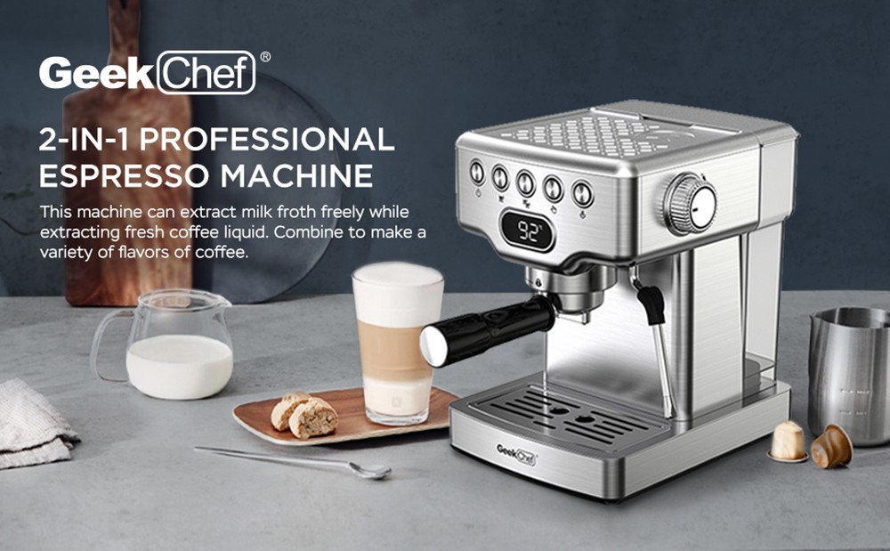 Geek Chef GCF20E Espresso Maker Coffee Machine with Foaming Milk Frother Wand, 1350W 20 Bar Pump Pressure, 1.8L Water Tank, with Safety Valve