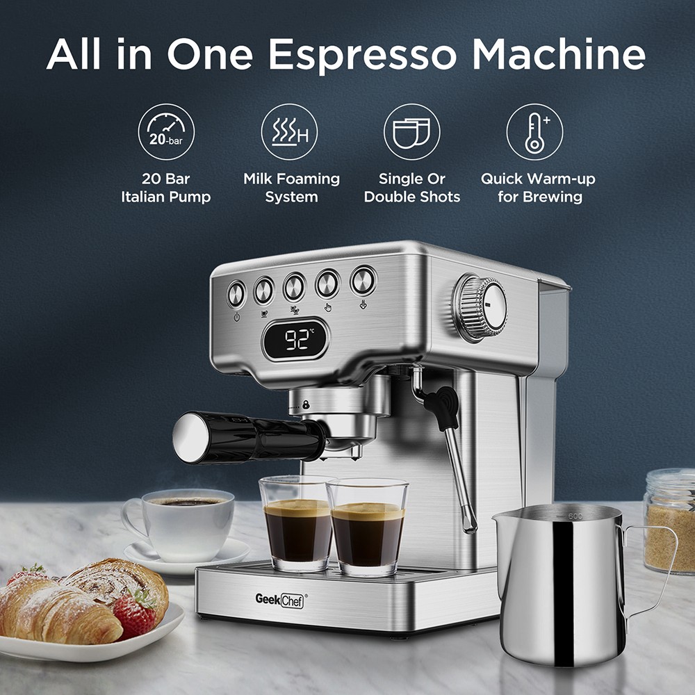 Geek Chef GCF20E Espresso Maker Coffee Machine with Foaming Milk Frother Wand, 1350W 20 Bar Pump Pressure, 1.8L Water Tank, with Safety Valve