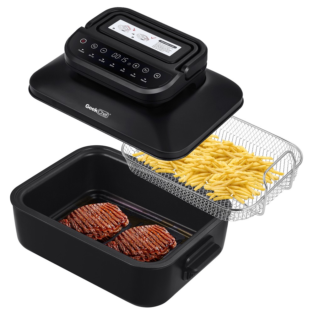 Geek Chef GFG06 7 In 1 Smokeless Electric Indoor Grill with Air Fry, Roast, Bake, Preset Function, Removable Non-Stick