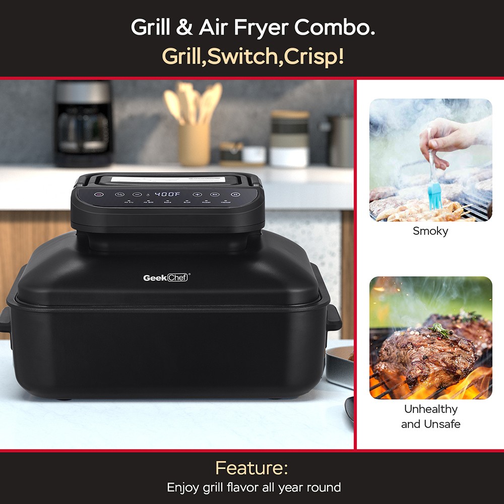 Geek Chef GFG06 7 In 1 Smokeless Electric Indoor Grill with Air Fry, Roast, Bake, Preset Function, Removable Non-Stick