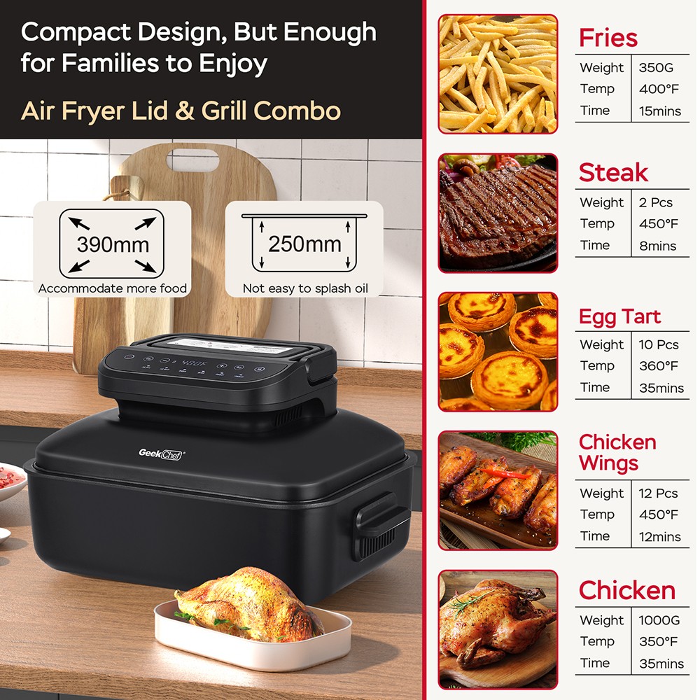 Geek Chef GFG06 7 In 1 Smokeless Electric Indoor Grill with Air Fry, Roast, Bake, Preset Function, Removable Non-Stick