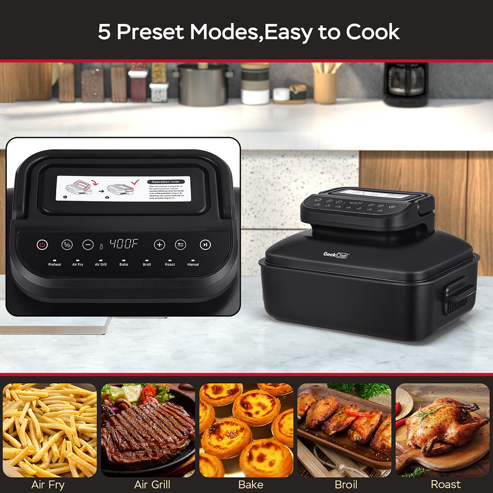 Geek Chef GFG06 7 In 1 Smokeless Electric Indoor Grill with Air Fry, Roast, Bake, Preset Function, Removable Non-Stick