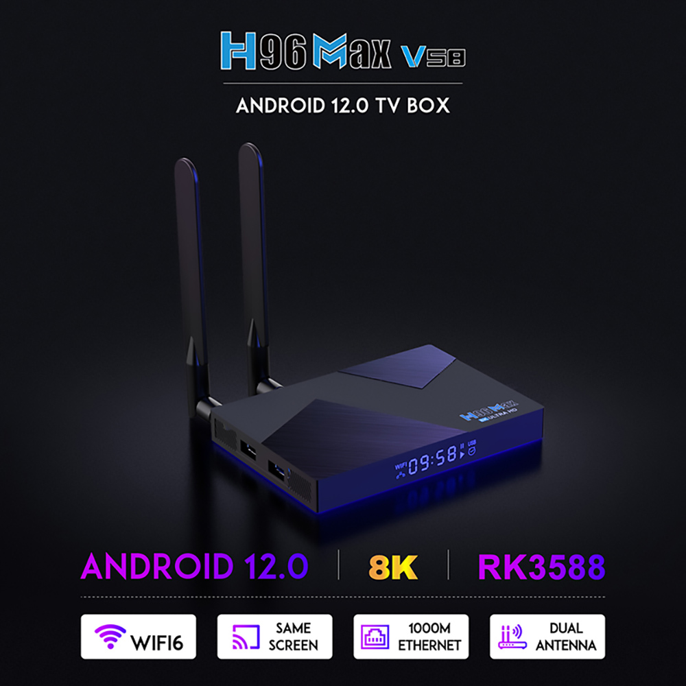 H96 MAX V58 Android 12 TV Box RK3588 Octa Core 2.4GHz 4GB DDR4 RAM 32GB EMMC ROM WiFi6 2.4G/5GHz Dual Wi-Fi Antenna 1000M Ethernet Gigabit LAN 8K@60FPS H.265 AV1 Decoding BT5.0 USB3.0 Voice Remote Control Multi-Languages Media Player - US Plug 14 H96 MAX V58 Android 12 RK3588 4GB/32GB TV BOX WIFI6 Gigabit LAN 8K Decode - US Plug