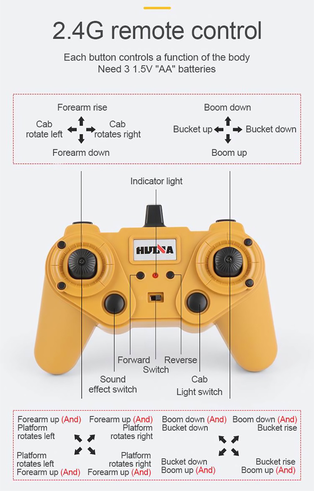 HUINA 1592 Large RC Excavator Simulation Alloy Toy Multi-functional with Remote Control