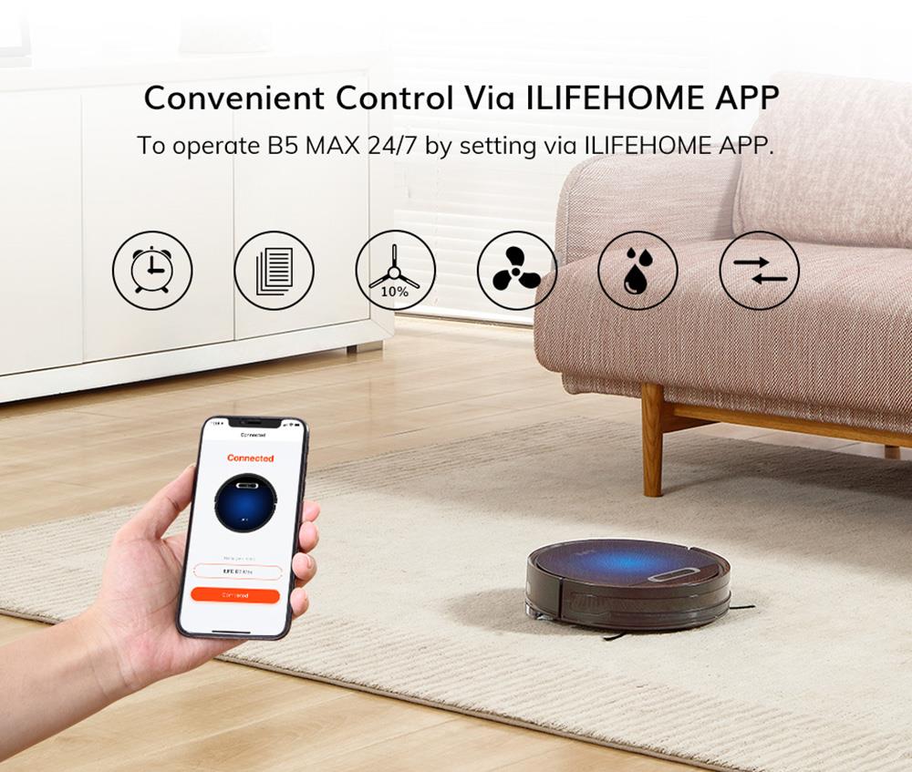 ILIFE B5 Max Robot Vacuum Cleaner 2000Pa Suction 2 In 1 Vacuuming and Mopping 600ml Large Dust Box 1L Dust Bag Real-time Drawing APP Control - Blue