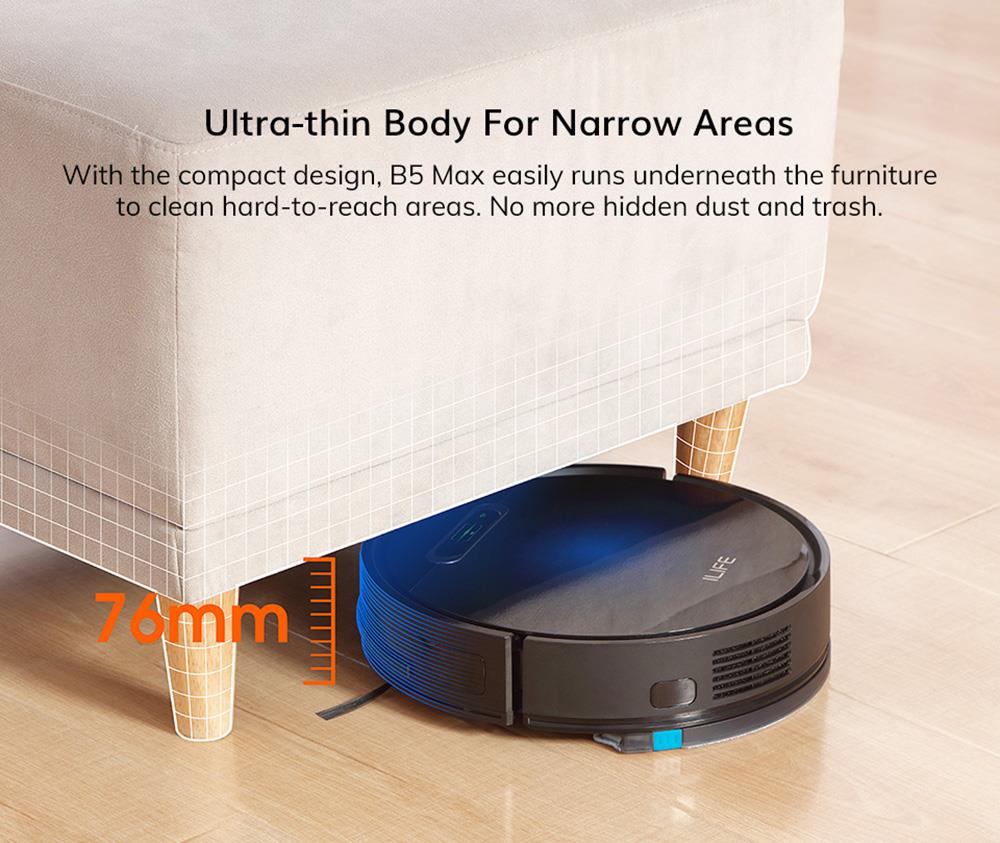 ILIFE B5 Max Robot Vacuum Cleaner 2000Pa Suction 2 In 1 Vacuuming and Mopping 600ml Large Dust Box 1L Dust Bag Real-time Drawing APP Control - Blue