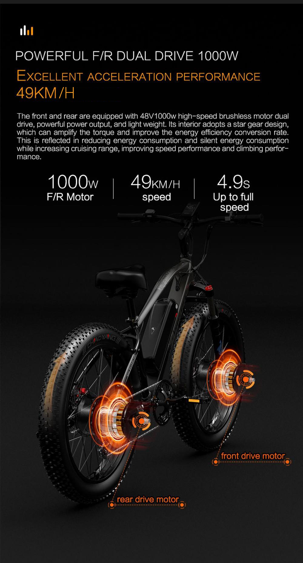 LANKELEISI MG740 PLUS Electric Bike 26*4.0'' Tires 1000W*2 Dual Motor 17.5Ah Battery 49km/h Max Speed - Black & Grey