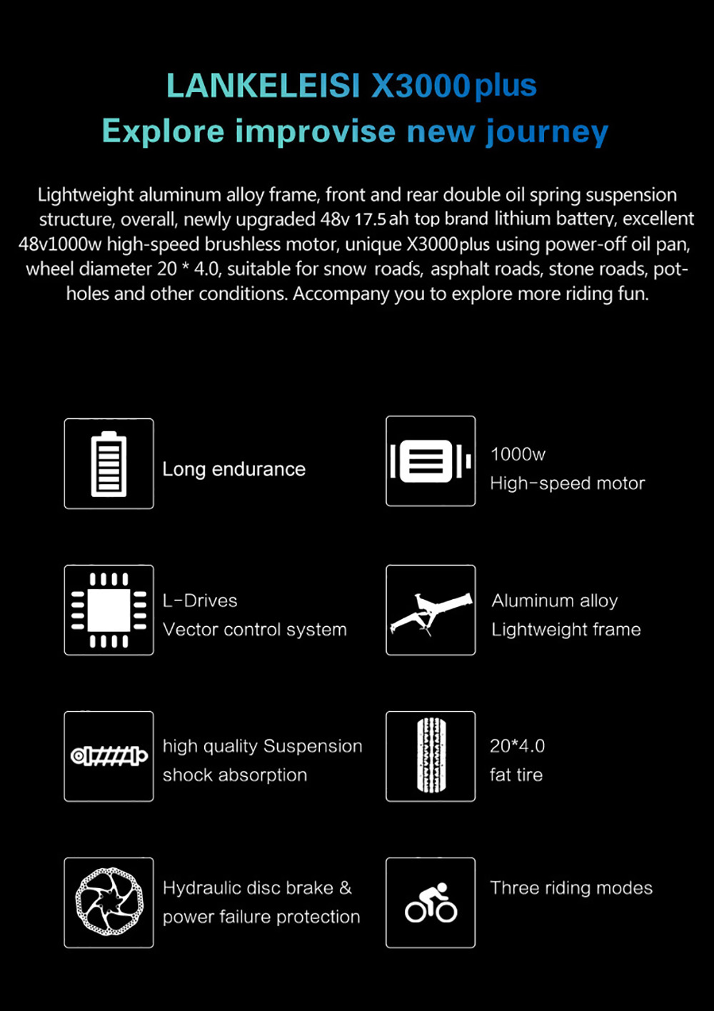 LANKELEISI X3000 Plus Folding Electric Mountain Bike Big Fork 20*4.0 Inch Fat Tires 48V 1000W Motor 17.5Ah Battery 43Km/h Max Speed Shimano 7-Speed Gear IP54 Waterproof - Black & Yellow 11 LANKELEISI X3000 Plus Folding Electric Mountain Bike Big Fork 48V 1000W Motor 17.5Ah Battery - Black & Yellow