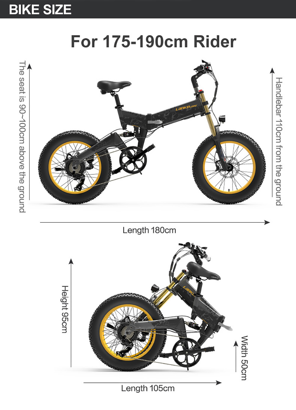 LANKELEISI X3000 Plus Folding Electric Mountain Bike Big Fork 20*4.0 Inch Fat Tires 48V 1000W Motor 17.5Ah Battery 43Km/h Max Speed Shimano 7-Speed Gear IP54 Waterproof - Black & Yellow 24 LANKELEISI X3000 Plus Folding Electric Mountain Bike Big Fork 48V 1000W Motor 17.5Ah Battery - Black & Yellow