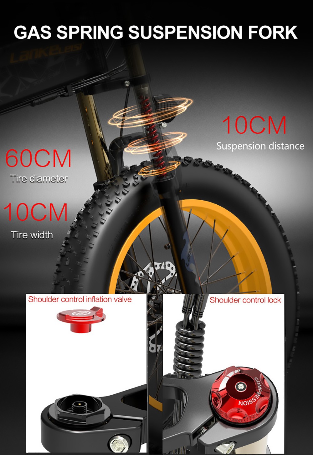 LANKELEISI X3000 Plus Skladací elektrický horský bicykel Veľká vidlica 48V 1000W motor 17.5Ah batéria - čierna & žltá