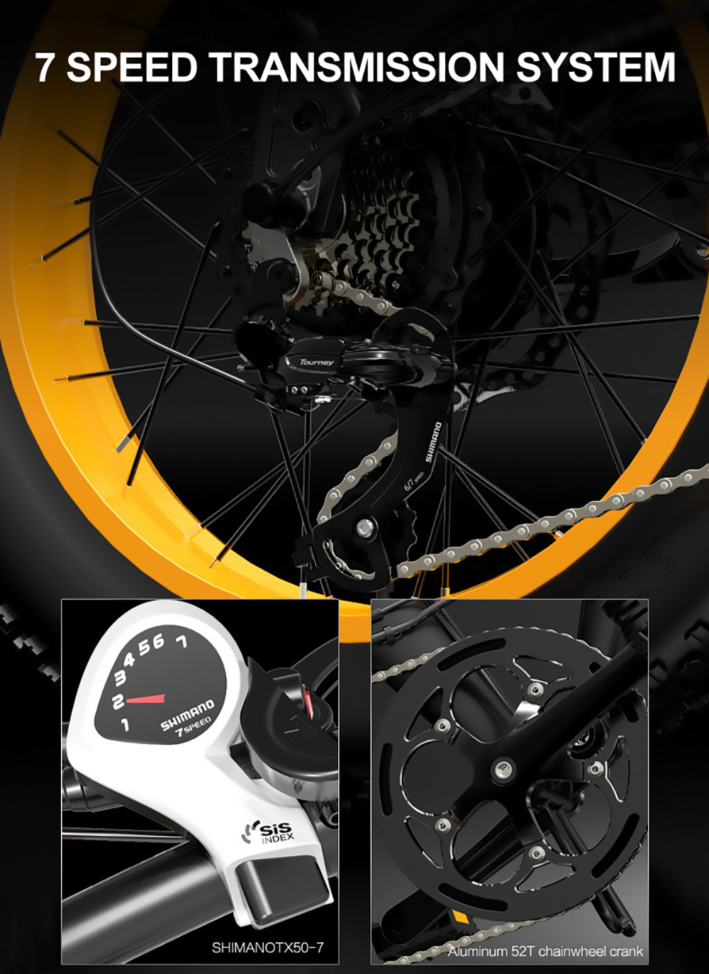 LANKELEISI X3000 Plus Folding Electric Mountain Bike Big Fork 20*4.0 Inch Fat Tires 48V 1000W Motor 17.5Ah Battery 43Km/h Max Speed Shimano 7-Speed Gear IP54 Waterproof - Black & Yellow 13 LANKELEISI X3000 Plus Folding Electric Mountain Bike Big Fork 48V 1000W Motor 17.5Ah Battery - Black & Yellow