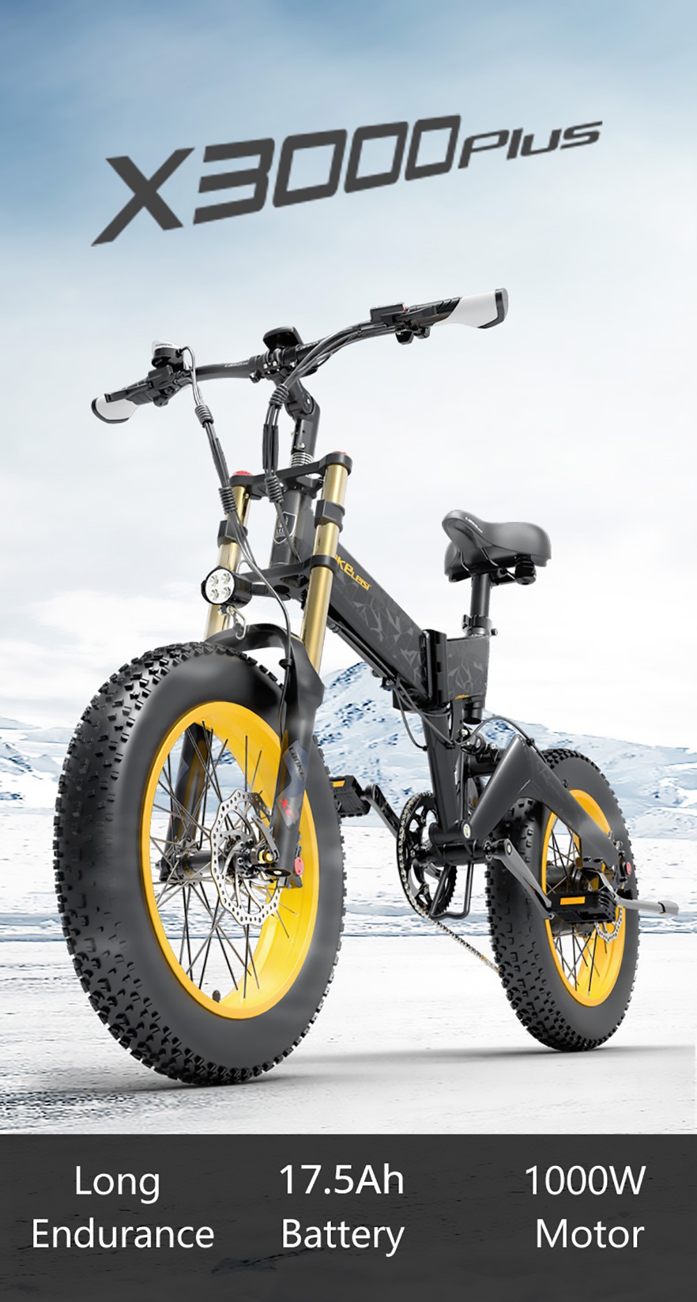 LANKELEISI X3000 Plus Folding Electric Mountain Bike Big Fork 48V 1000W Motor 17.5Ah Battery - Black & Grey