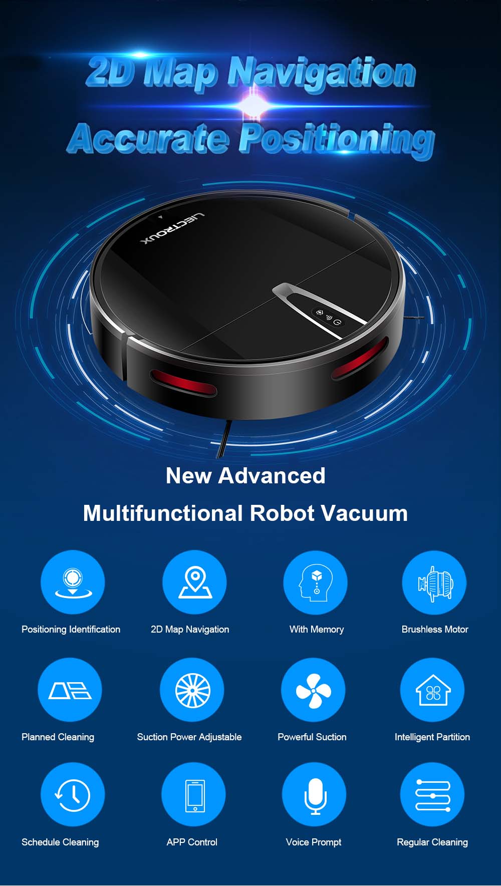 Robotický vysávač LIECTROUX V3S Pro, sací výkon 4000 Pa, suché mokré vysávanie, 2D navigácia na mape, s pamäťou, hlasové ovládanie pomocou aplikácie WiFi