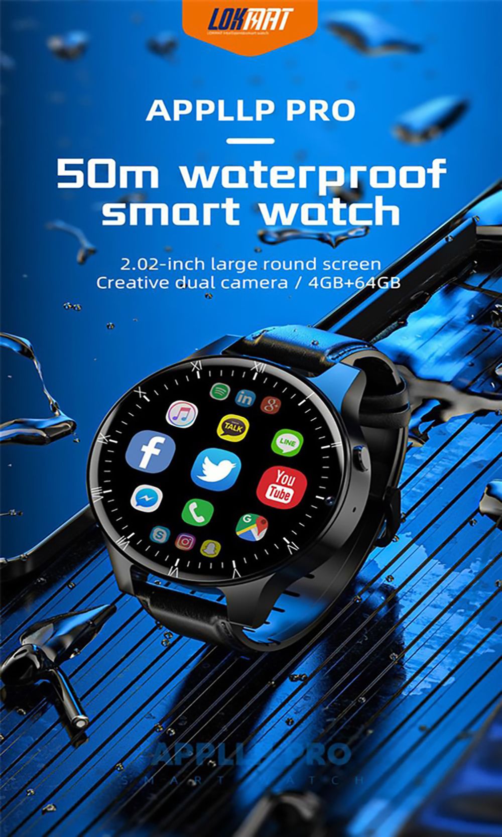 LOKMAT APPLLP PRO 50M Waterproof Smartwatch 4+64G 4G Phone Watch 2.02'' HD Screen Dual Camera  Black