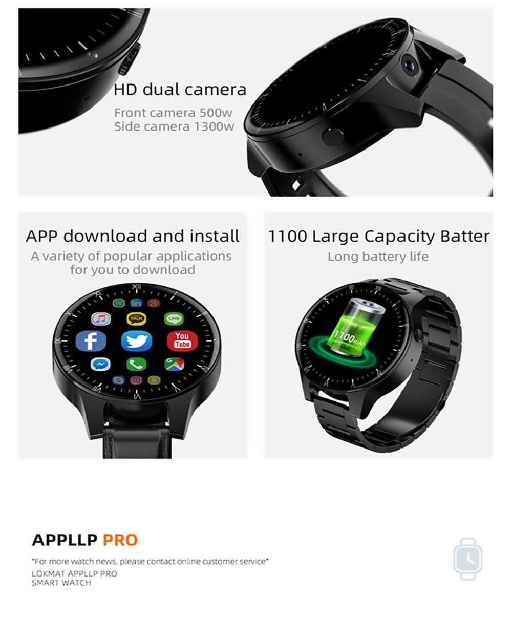 LOKMAT APPLLP PRO 50M Waterproof Smartwatch 4+64G 4G Phone Watch 2.02'' HD Screen Dual Camera  Black