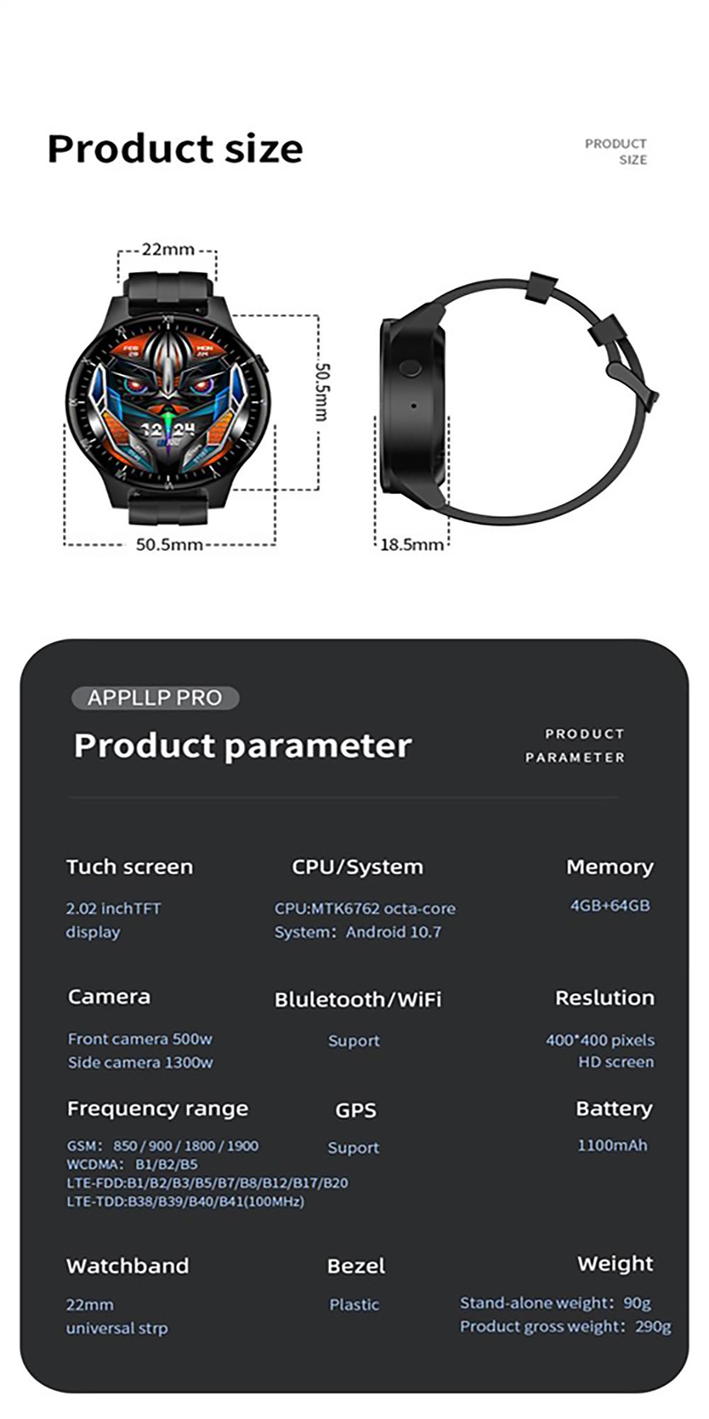 LOKMAT APPLLP PRO 50M Waterproof Smartwatch 4+64G 4G Phone Watch 2.02'' HD Screen Dual Camera  Black